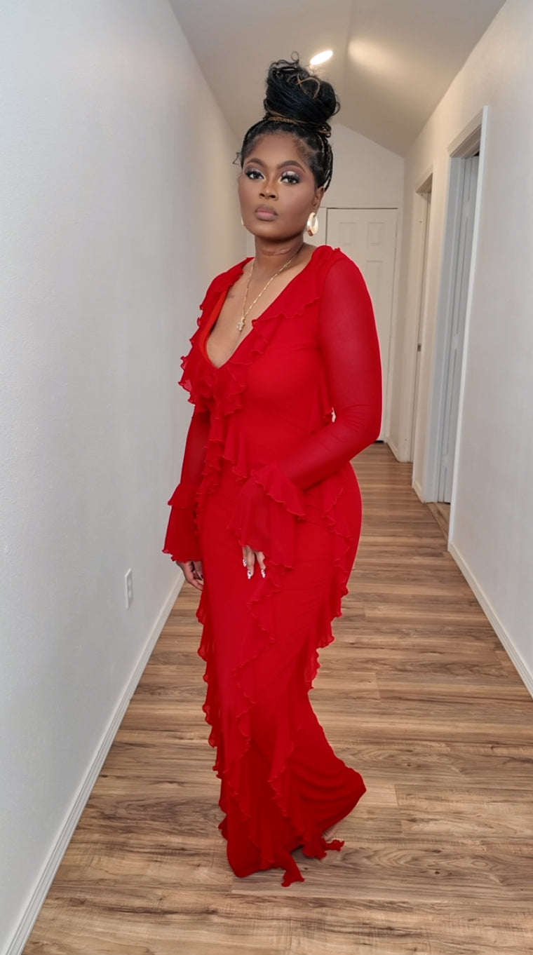 Red Flower Ruffle Maxi Dress SZM