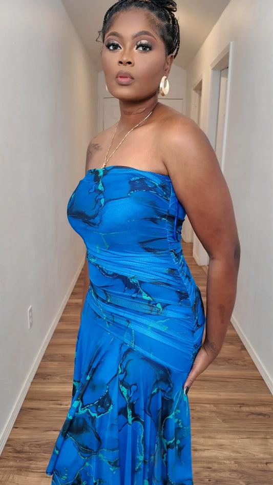Women’s Tube Top Royal Blue WaterColor Dress SZ M