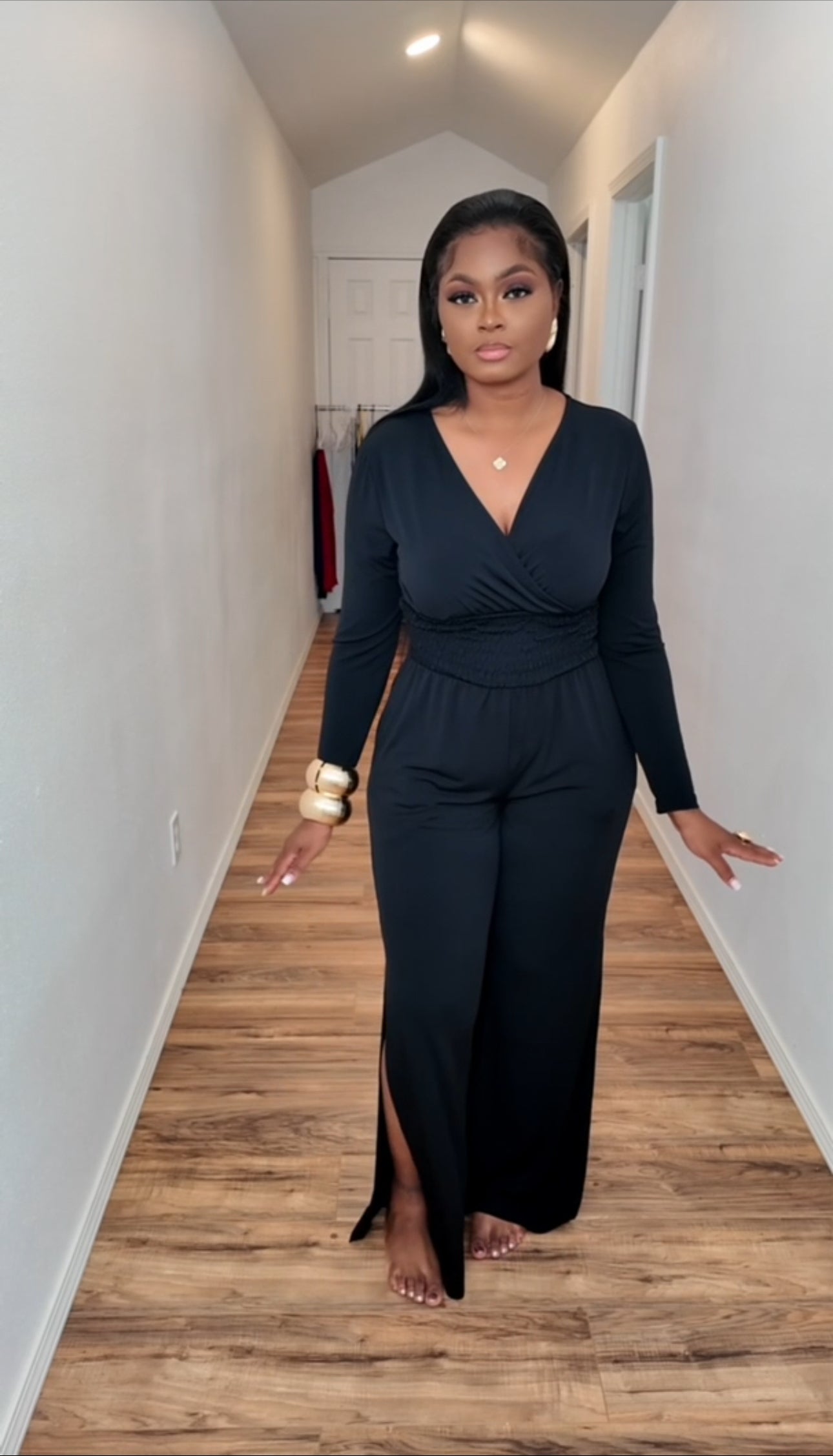 GROWN Woman Long Sleeve Black Flare Leg Jumpsuit SZ M