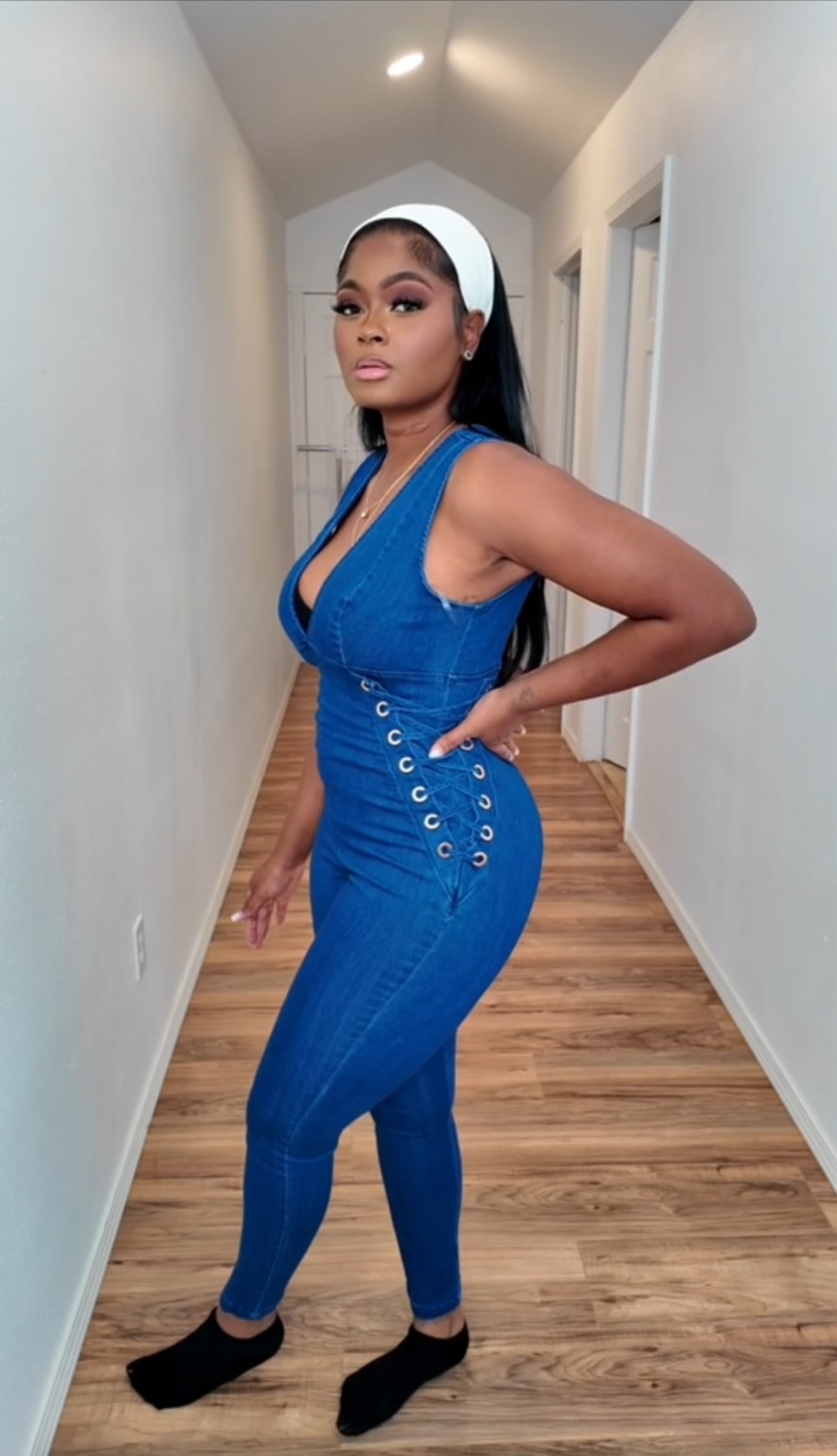 Women’s Deep Cut Denim Jumpsuit SZ M