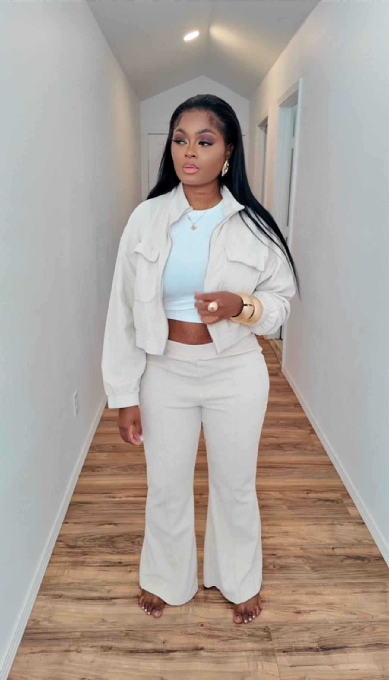 AERIE Women’s 2-Piece Jacket Zip-Up Flare Pants Set Beige SZ L