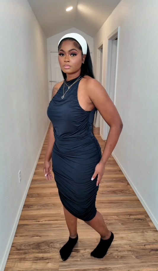 Women’s High Neck “Little Black”Ruched Midi Dress SZ L