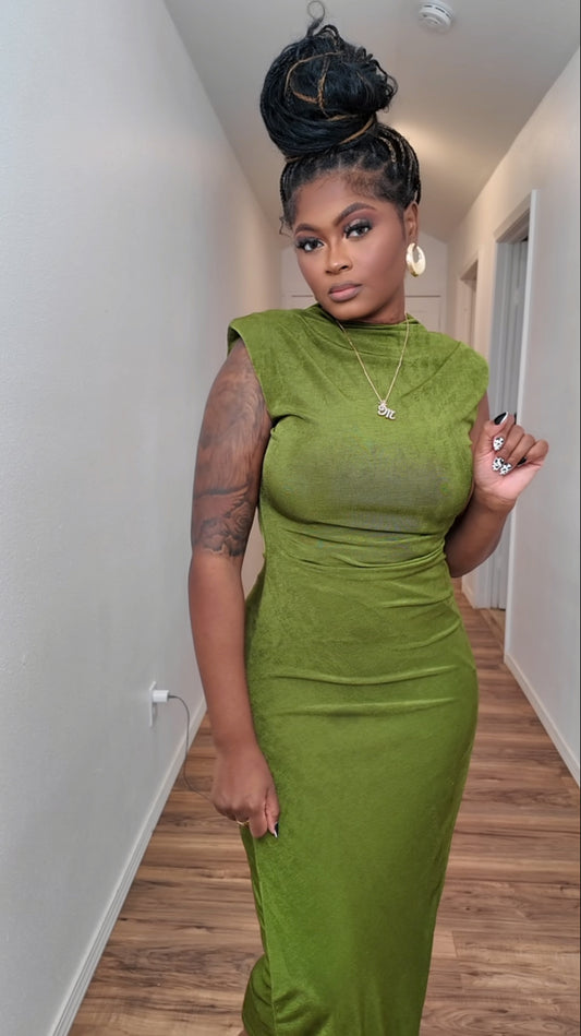 High Neck Midi Dress Green With Split SZ S